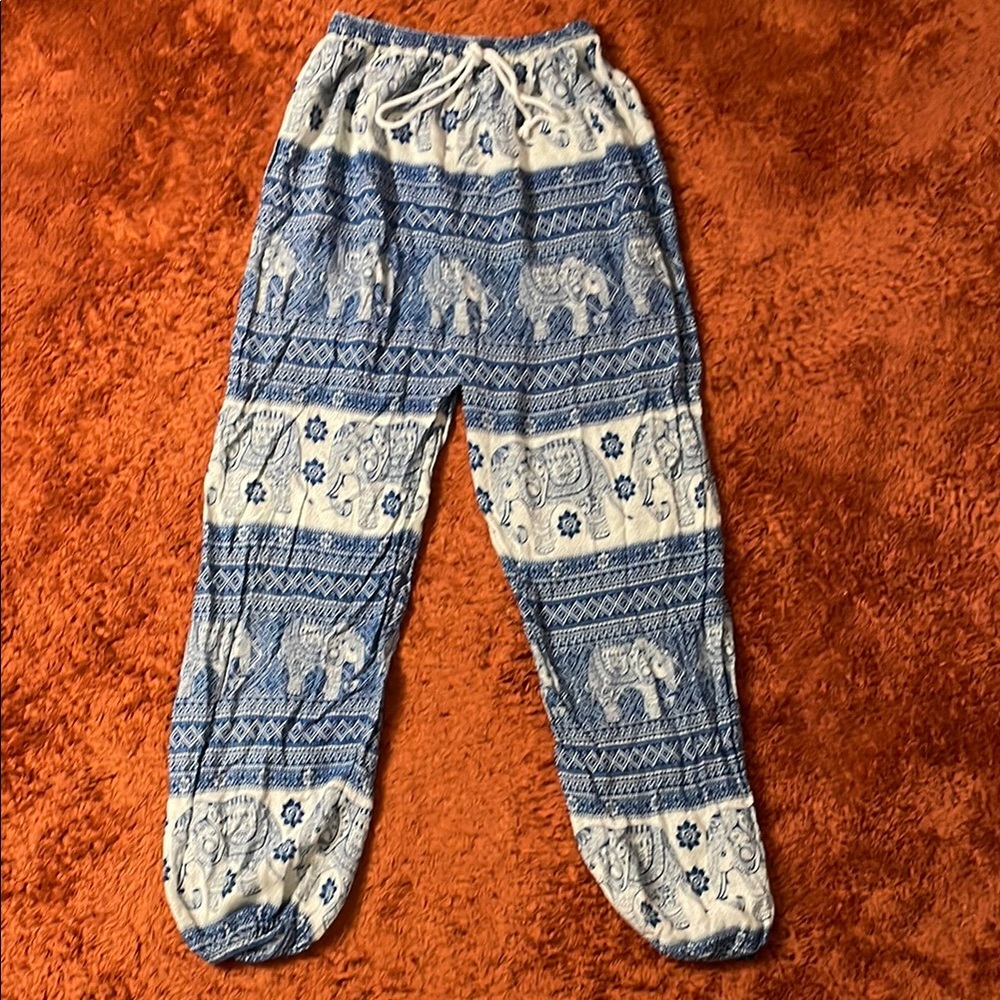 Blue and White Elephant Print Pants